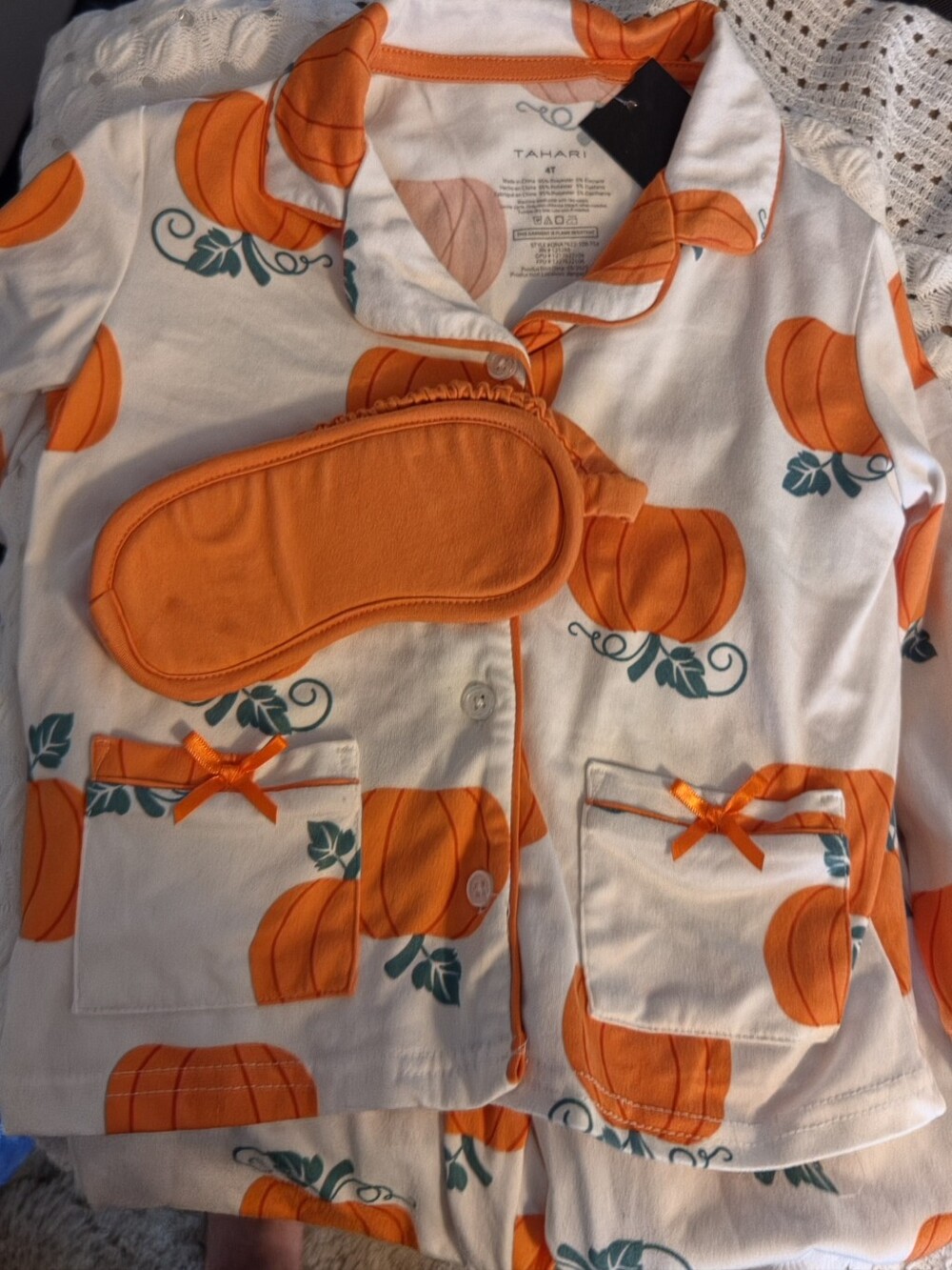 Tahari Orange and Green Pumpkin-Pattern Kids Pajama Set with Sleep Mask
